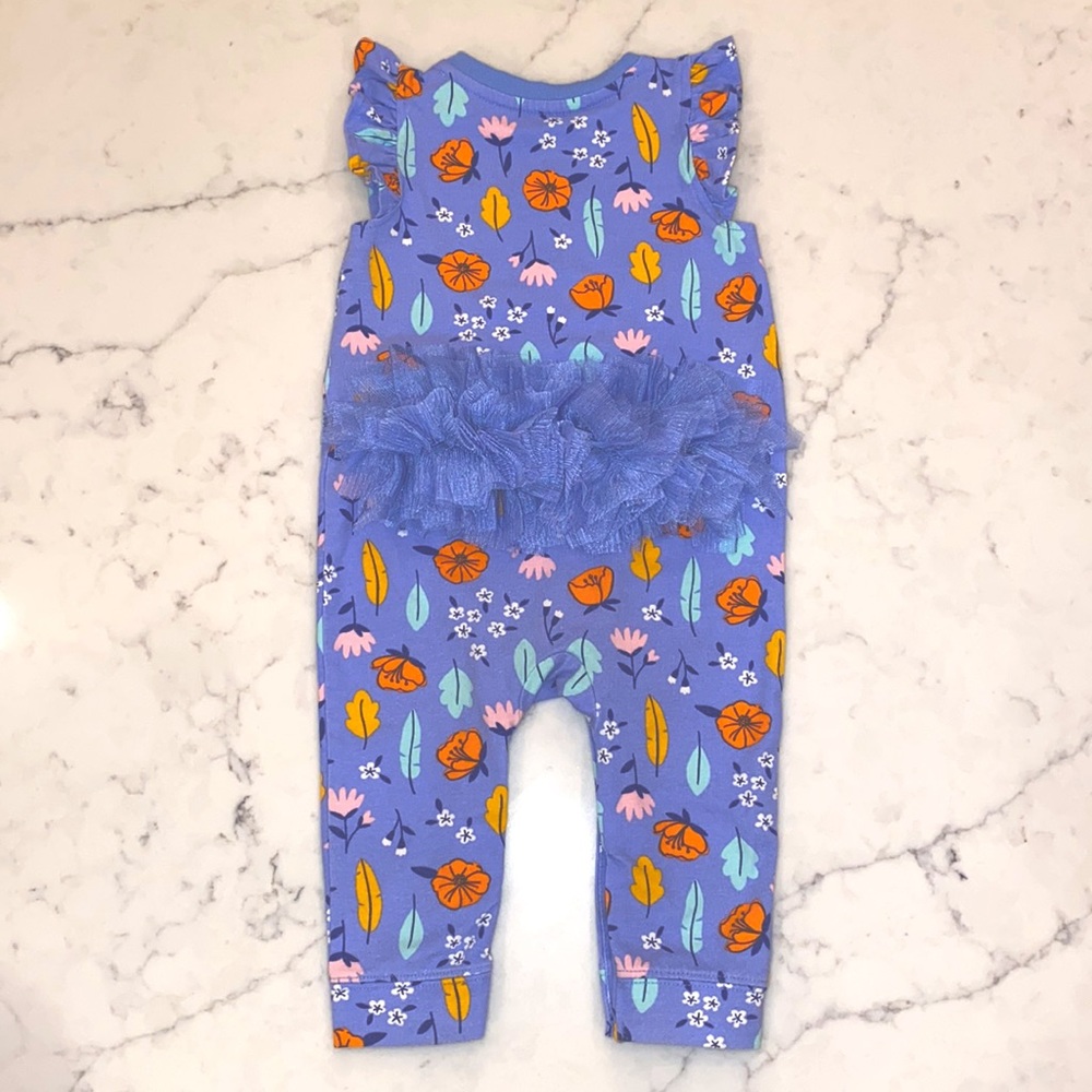 Cat & Jack Baby Girl’s Periwinkle Floral Tulle Tutu Ruffle Booty Romper (6-9m)